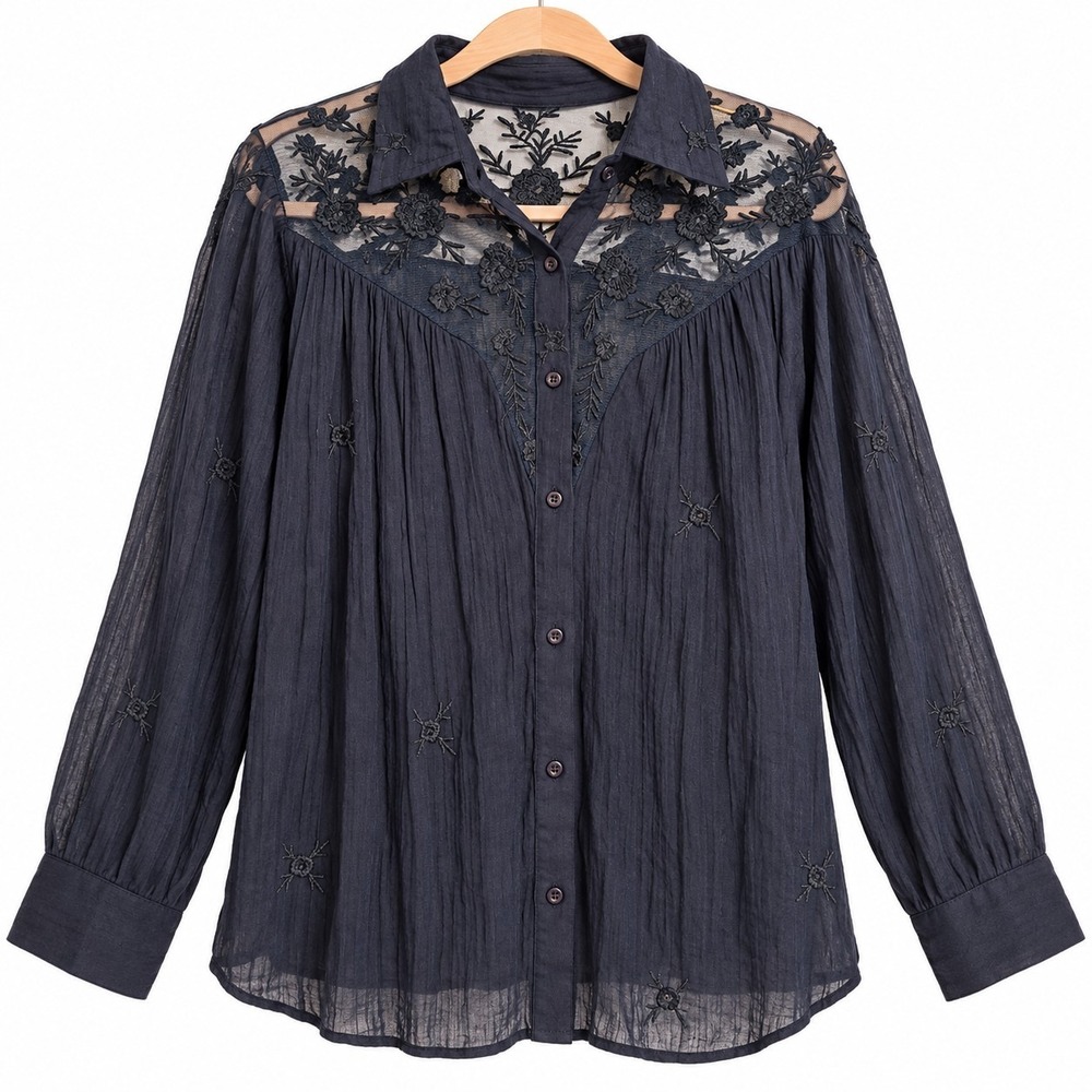 Western Boho Blouse LG Navy Floral Embroidered Cotton Gauze Sheer Fairy Grunge